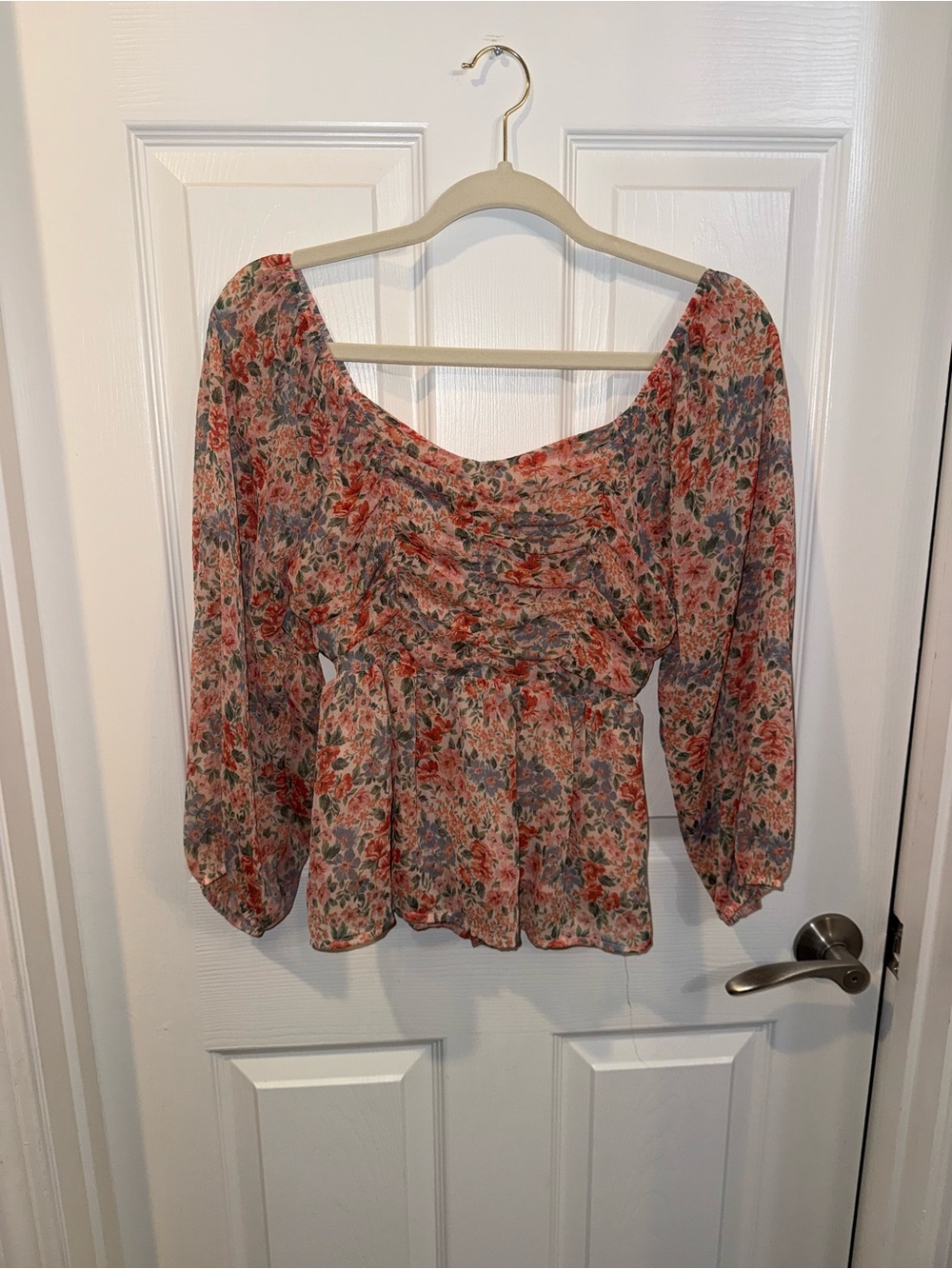 American Eagle Outfitters Floral Peasant Top - Coral & Blue
